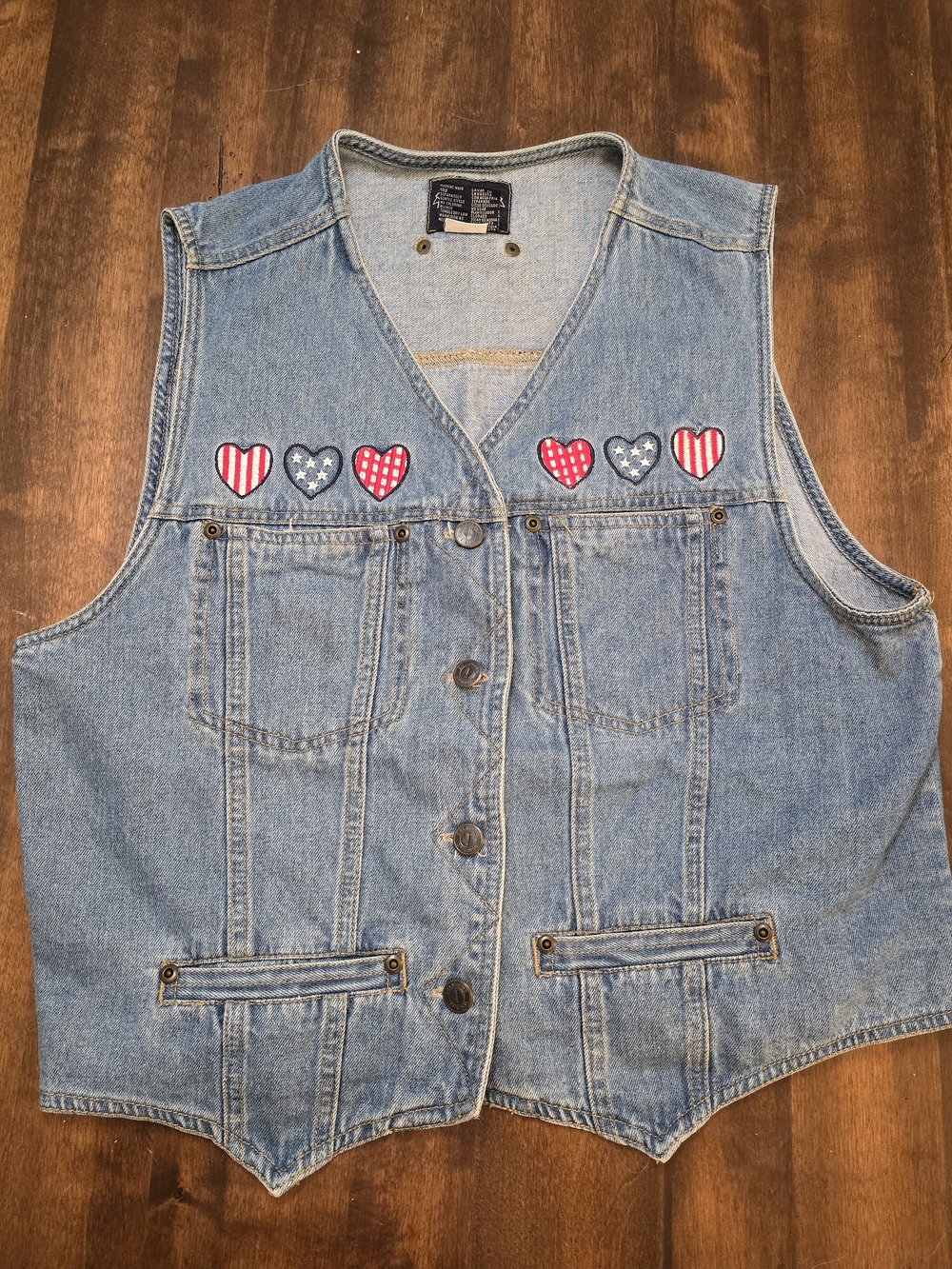 Womens Denim Vest with Heart Patch Accents - Stars And Stripes